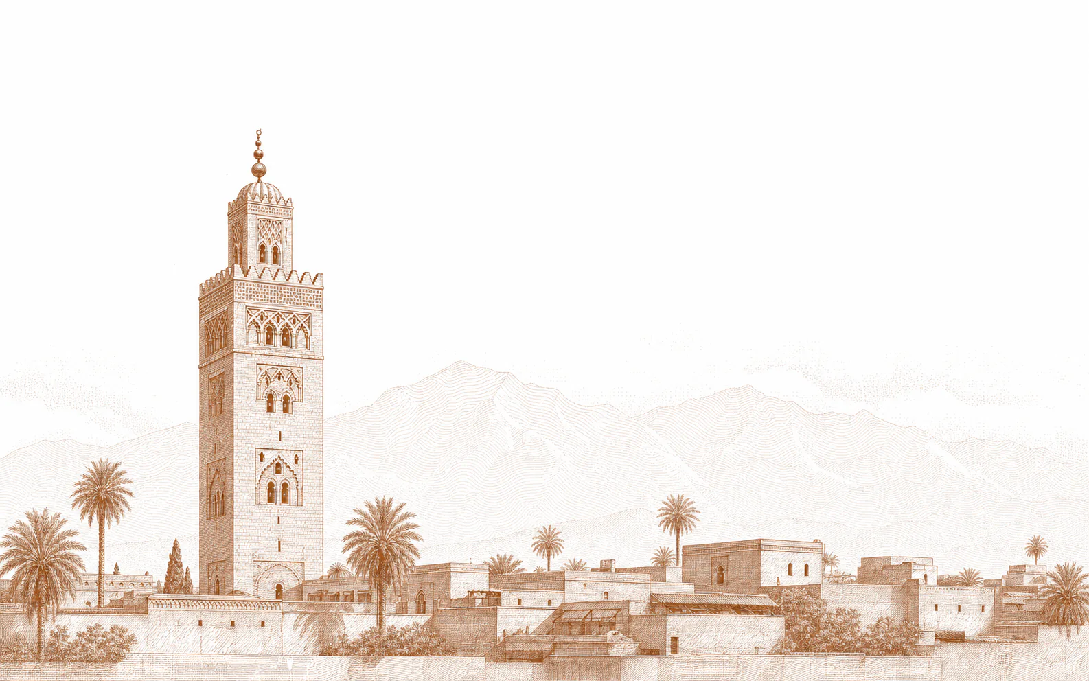 Gravure d'un panorama sur Marrakech