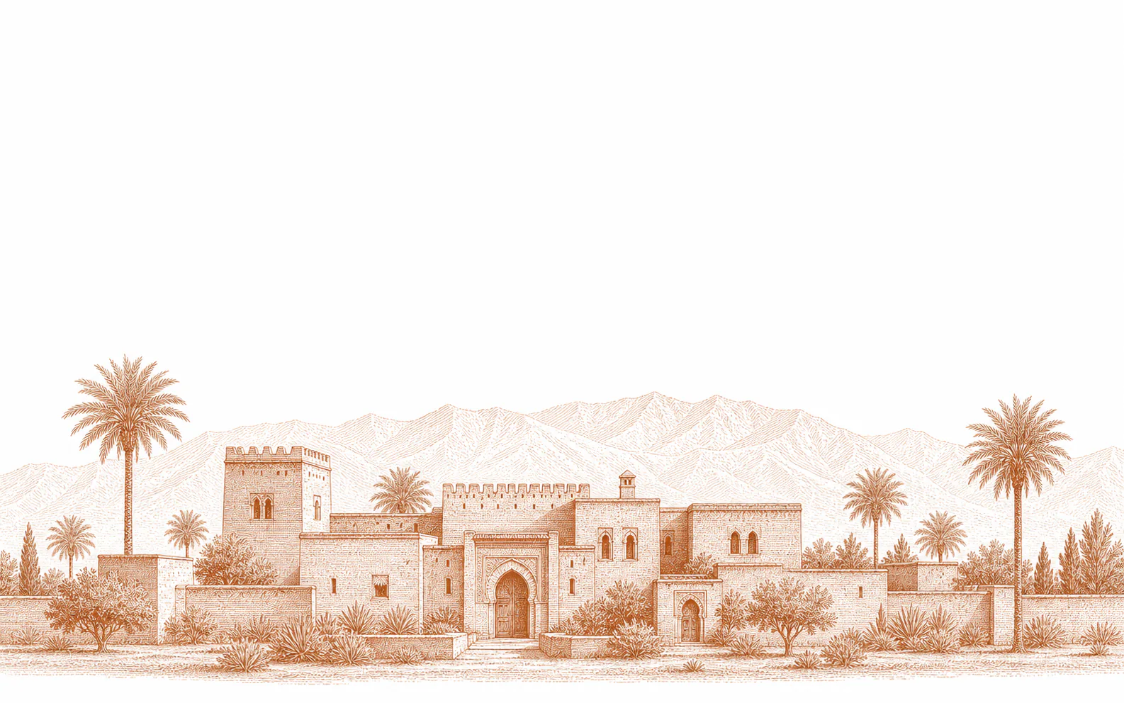 Engraving of a walled Marrakech property surrounded by palms with the Atlas foothills beyond.