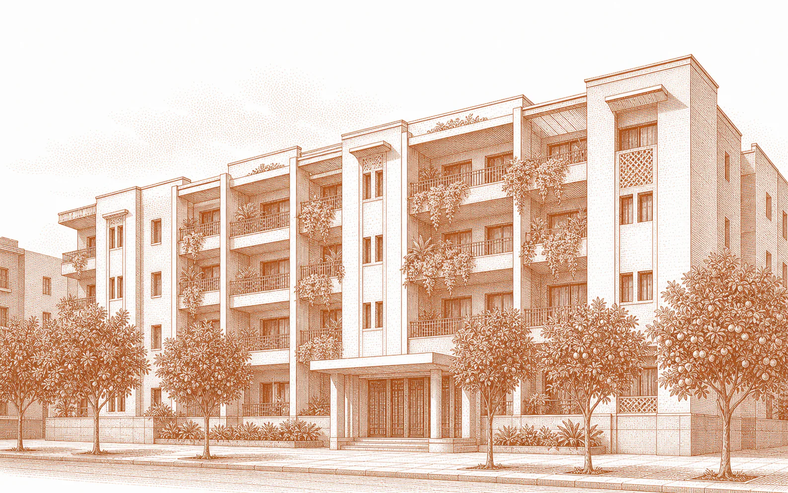 Engraving of a residential apartment building on a tree lined street in the new city of Marrakech.