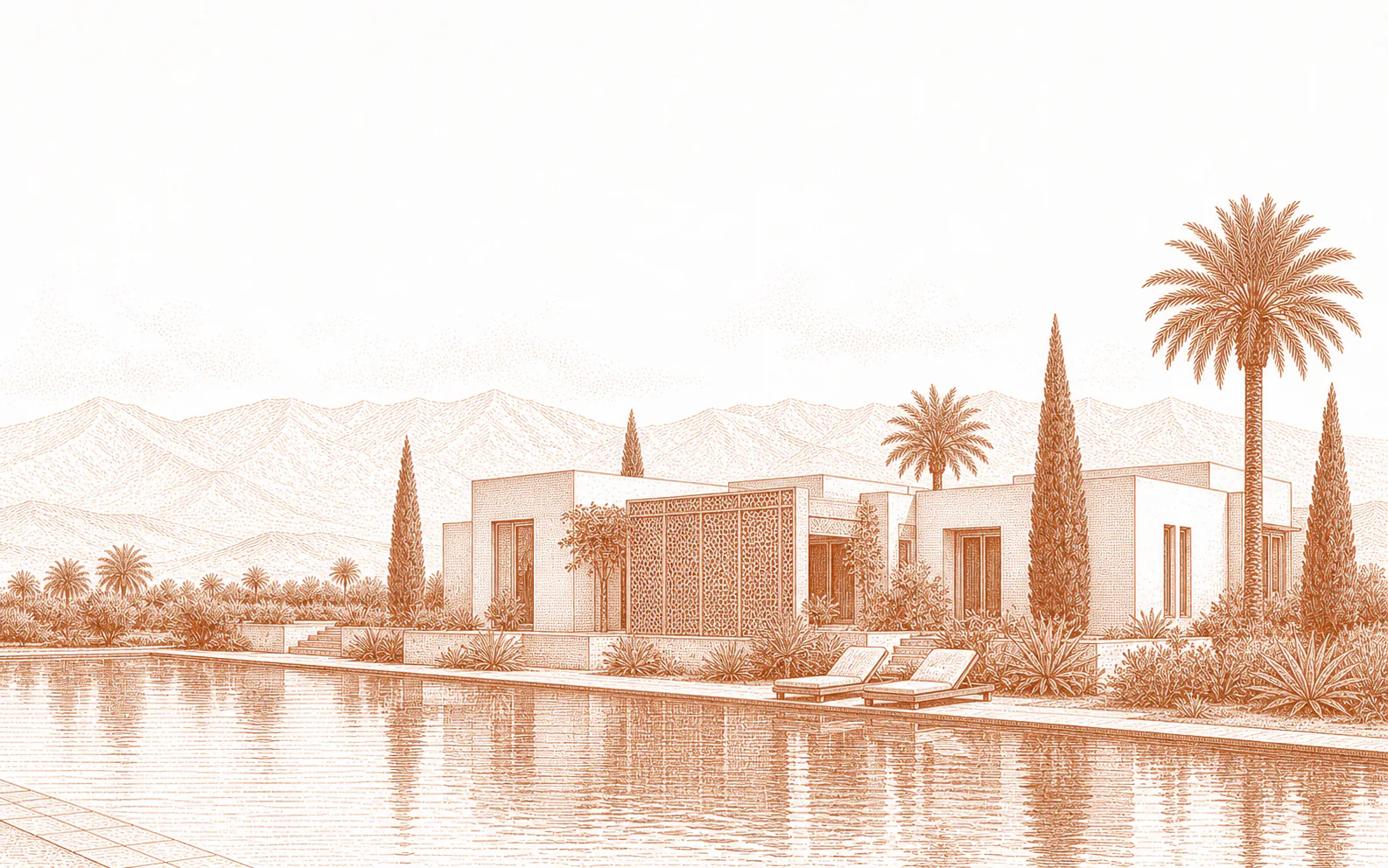 Engraving of a contemporary Marrakech villa beside a long reflecting pool, with the Atlas behind it.