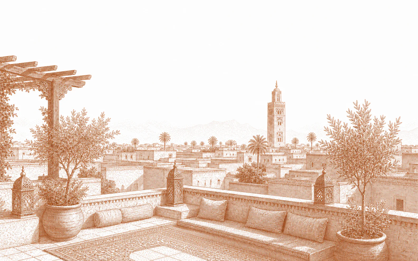 Engraving of a riad terrace above the Marrakech medina looking towards the Koutoubia minaret.