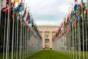 ممشى تصطف على جانبيه الأعلام الوطنية ويؤدي إلى مبنى مؤسسي